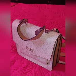 GUESS White and Tan Handbag